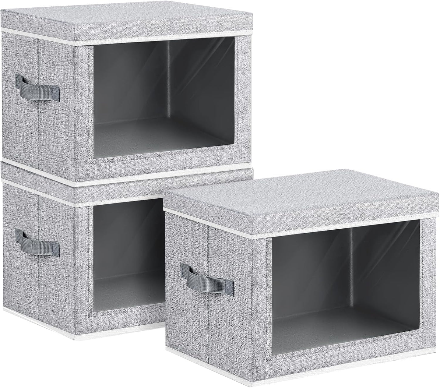 Collapsible Storage Bins with Lids - Stackable Storage Containers with Window, 3 Pack Fabric Bins for Closet, Home & Office Organization Baskets, Light Gray, 14.9" x 9.8" x 9.8"