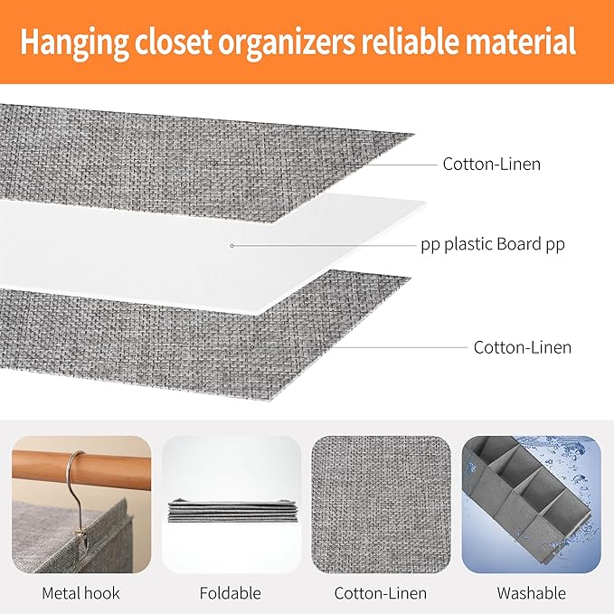 Large Hanging Sweater Organizer for Closet,Collapsible 6-Shelf Hanging Closet Shelves with Drawers, Washable (Grey-6 Shelf-2 d)