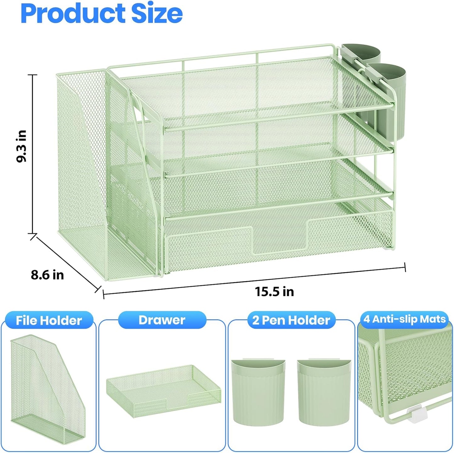 Desk Organizer and Accessories, 4-Tier Desktop File Organizer with Drawer and 2 Pen Holders, Office Desk Accessories, File Sorters, Workspace Organizers for Office Supplies(Green)