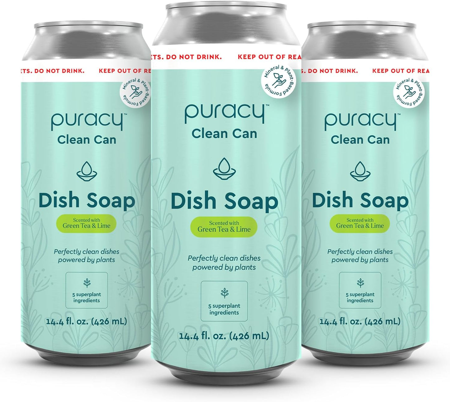 Puracy Natural Dish Soap Clean Can Refill - Plant-Based Dishwashing Soap, Non-Toxic Dish Soap, Natural Liquid Dishwashing Detergent Soap As Seen on TikTok (Green Tea & Lime, 14.4 fl oz, 3 Pack)