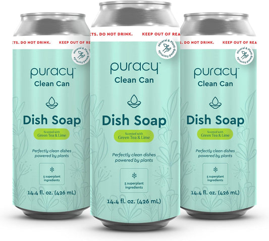 Puracy Natural Dish Soap Clean Can Refill - Plant-Based Dishwashing Soap, Non-Toxic Dish Soap, Natural Liquid Dishwashing Detergent Soap As Seen on TikTok (Green Tea & Lime, 14.4 fl oz, 3 Pack)