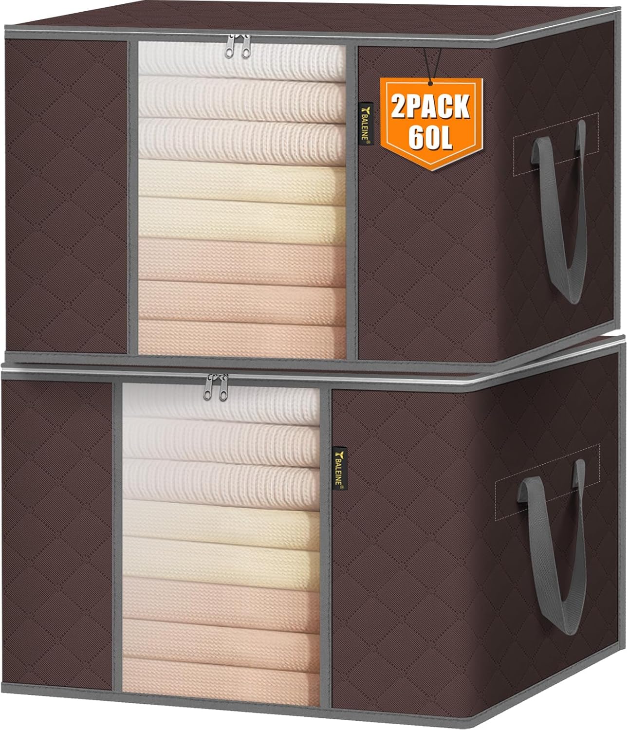 BALEINE 2 Pack Clothes Storage Bags, 16 Gallon Storage Containers with Reinforced Handle, Sturdy Zipper, Closet Organizer for Blanket, Comforter, Pillow, Bedding (Brown, 2 Pack)