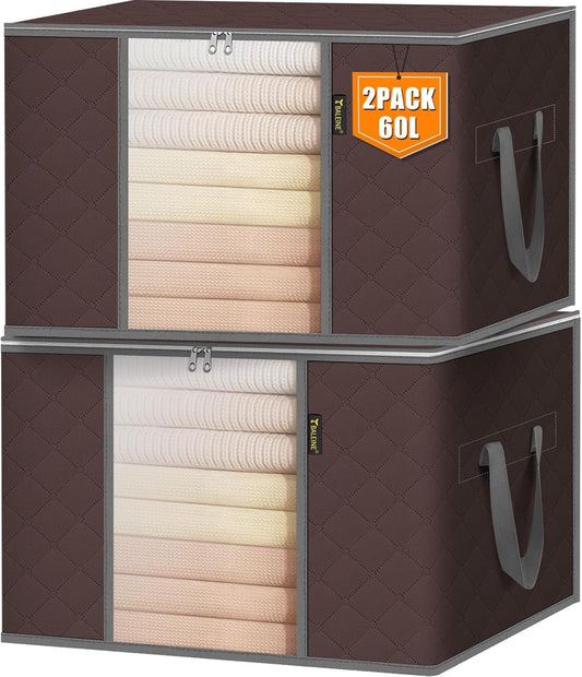 BALEINE 2 Pack Clothes Storage Bags, 16 Gallon Storage Containers with Reinforced Handle, Sturdy Zipper, Closet Organizer for Blanket, Comforter, Pillow, Bedding (Brown, 2 Pack)