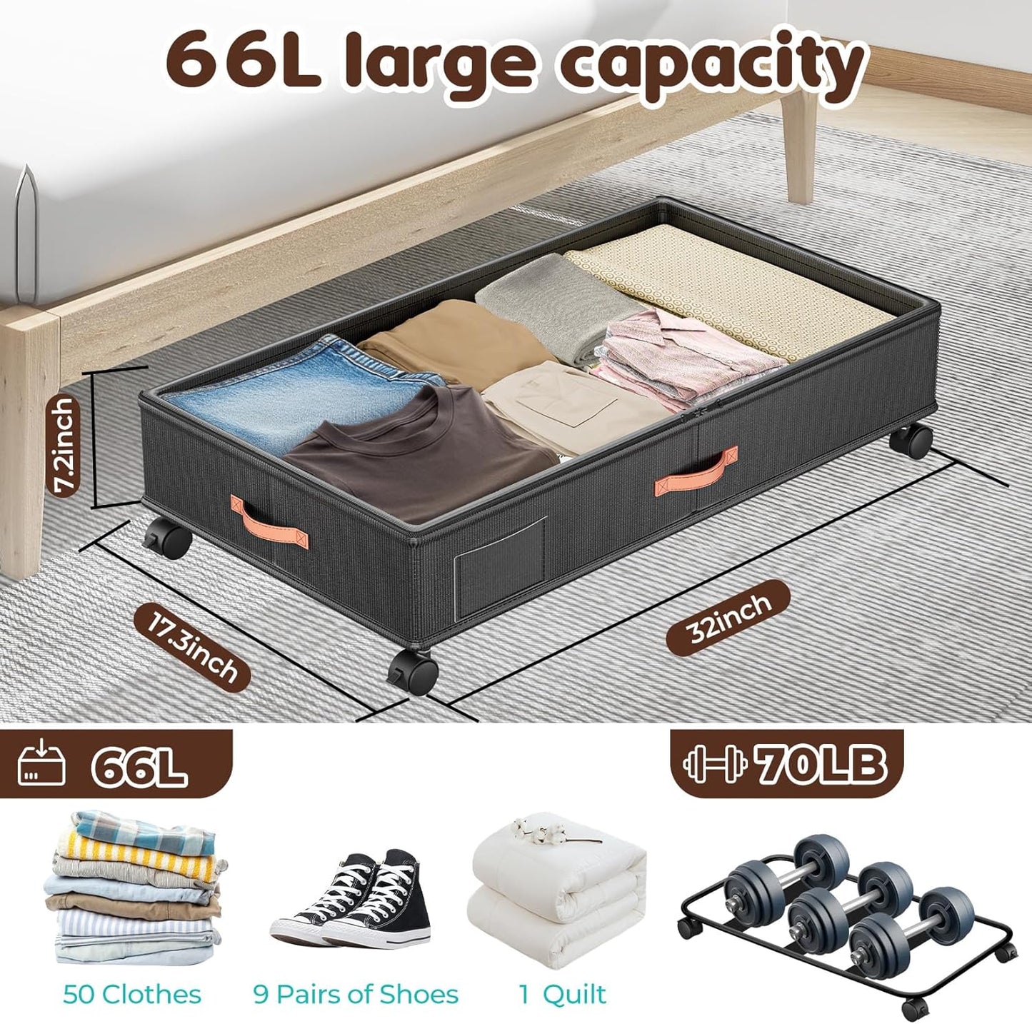 Under Bed Storage with Wheels 2-Pack – 66L XXL Larger Stackable Under Bed Storage Containers with Clear Window & Labels, Rolling Under Bed Drawers for Clothes, Shoes, Blankets (Dark Grey)