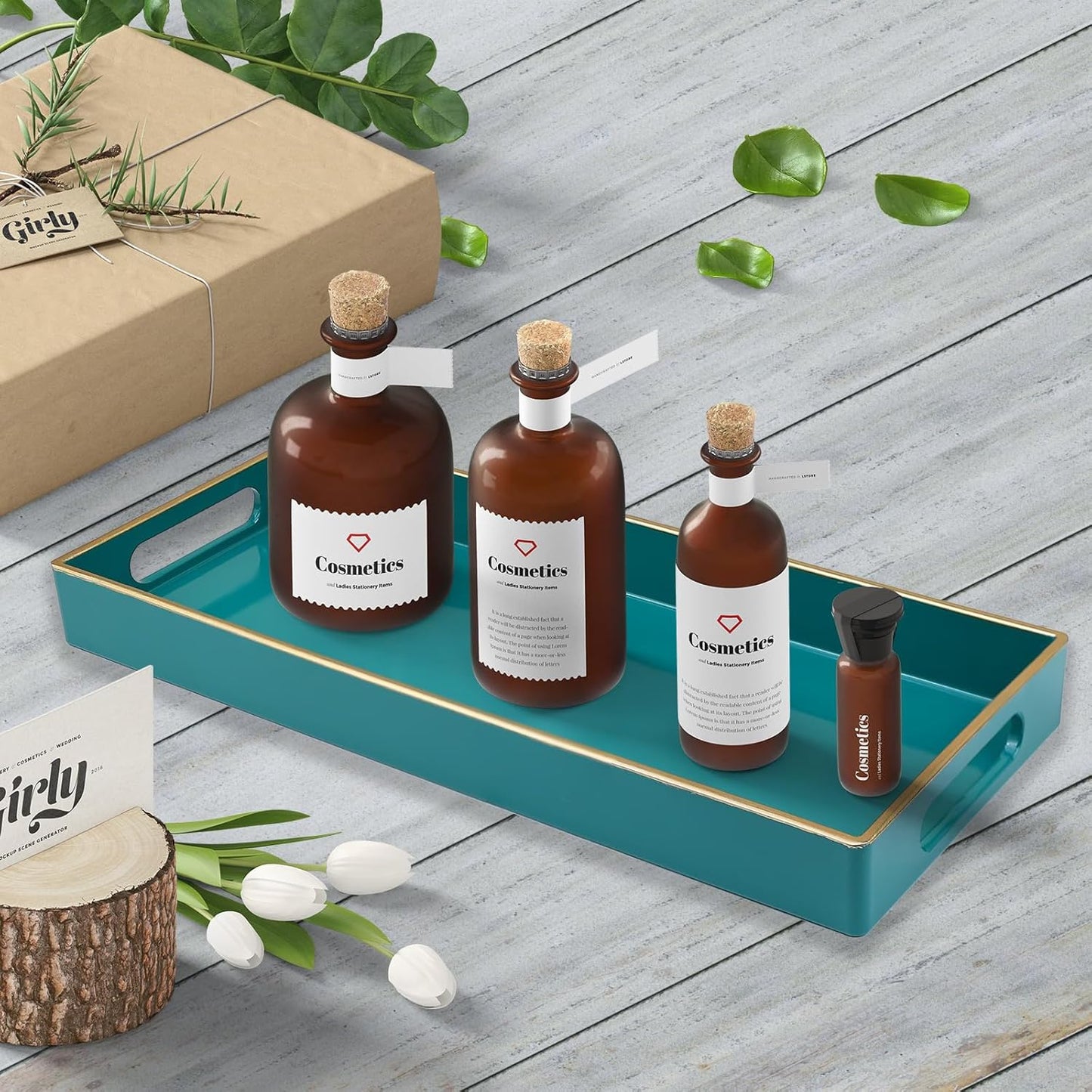 Green Bathroom Vanity Tray for Countertop, Small Plastic Toilet Tank Versatile Storage & Organization Tray for Makeup, Perfume, Desk, Kitchen, Candles, 13.7"x6"x1.4", 35GR