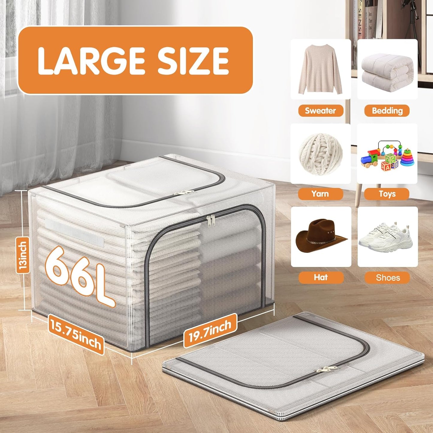 Large size 66L Fully Transparent Openings Clothes Storage Bins with Metal Frame, Stackable & Foldable Storage Box with Lids, Closet Organizers, Cap, Sweater.(19.7x 15.75 x 13 Inches)