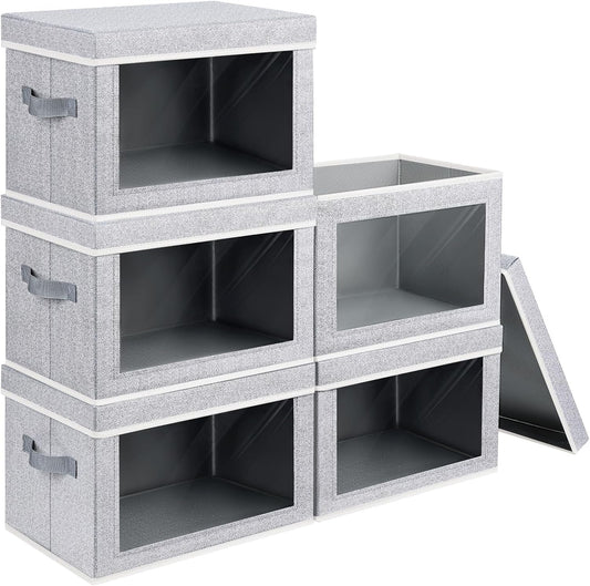 Stackable Storage Bins with Lids - Medium Storage Box with Lids, Foldable Closet Boxes for Organizing, Wardrobe Clothes Organizer with Window, Cubes Bins for Living Room, 5 Pack, Blended