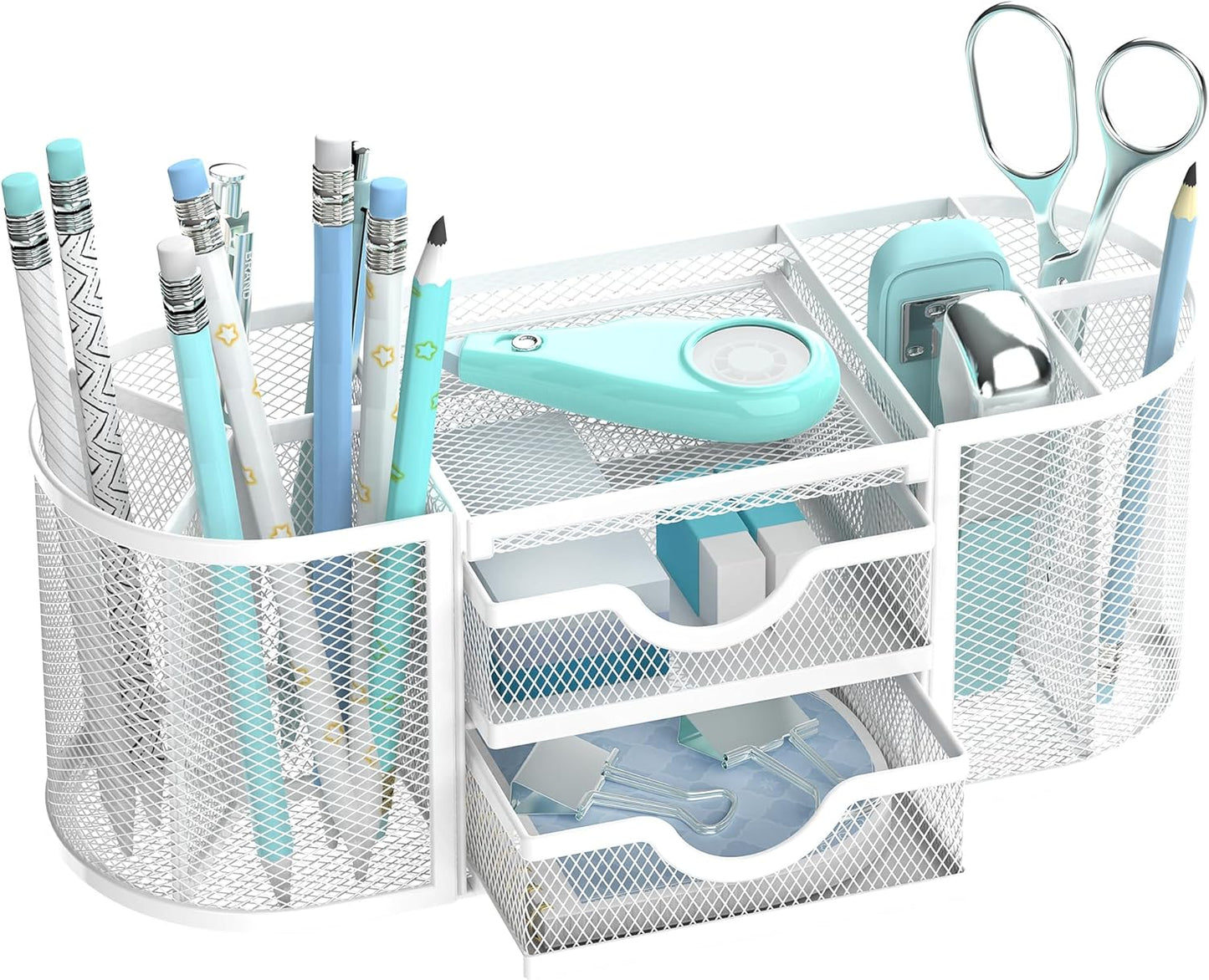 SUPEASY Mesh Desk Organizer, Desk Organizers and Accessories, Pen Holder with Drawers, Pencil Holder for Desk with 2 Drawer for Office Supplies, White