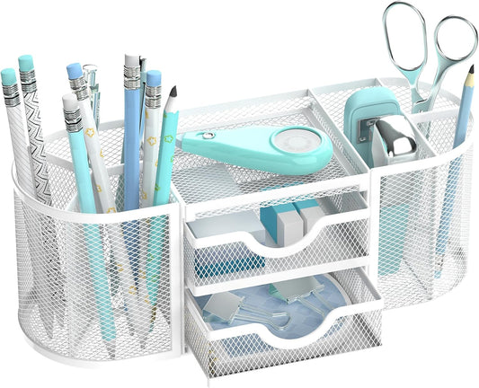SUPEASY Mesh Desk Organizer, Desk Organizers and Accessories, Pen Holder with Drawers, Pencil Holder for Desk with 2 Drawer for Office Supplies, White
