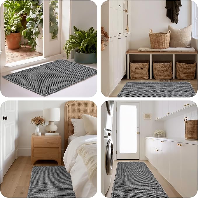 KGORGE Non Slip Waffle Bath Mat - Super Absorbent Quick Dry Soft Washable Small Bathroom Rugs with Tassels for Bathroom Floor Shower Tub Hotel Kitchen Entryway, Grey, 18" W X 30" L, 1 Piece