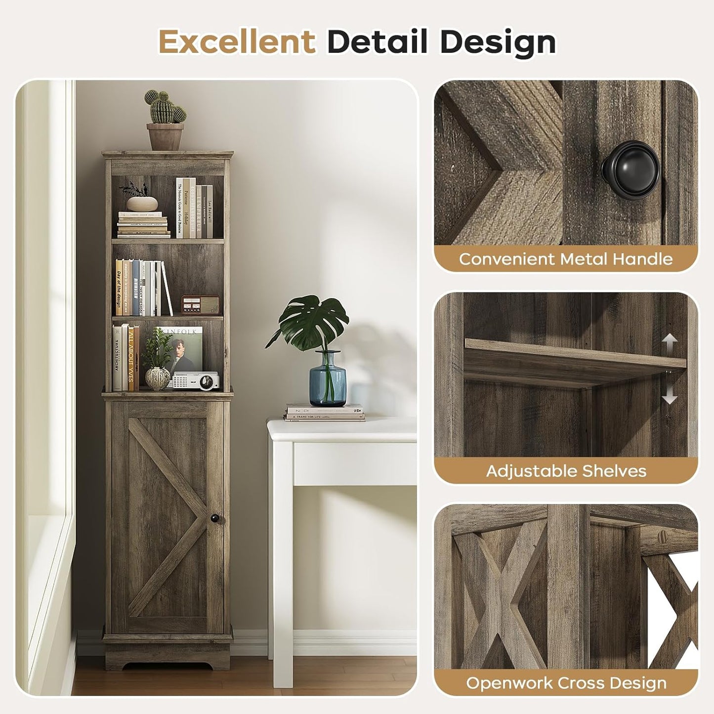 Farmhouse 60.9" H Tall Narrow Storage Cabinet with Door and Open Adjustable Shelves, Freestanding Organizer for Bathroom, Kitchen, Entryway, Wooden Tower Corner Cabinet, Grey