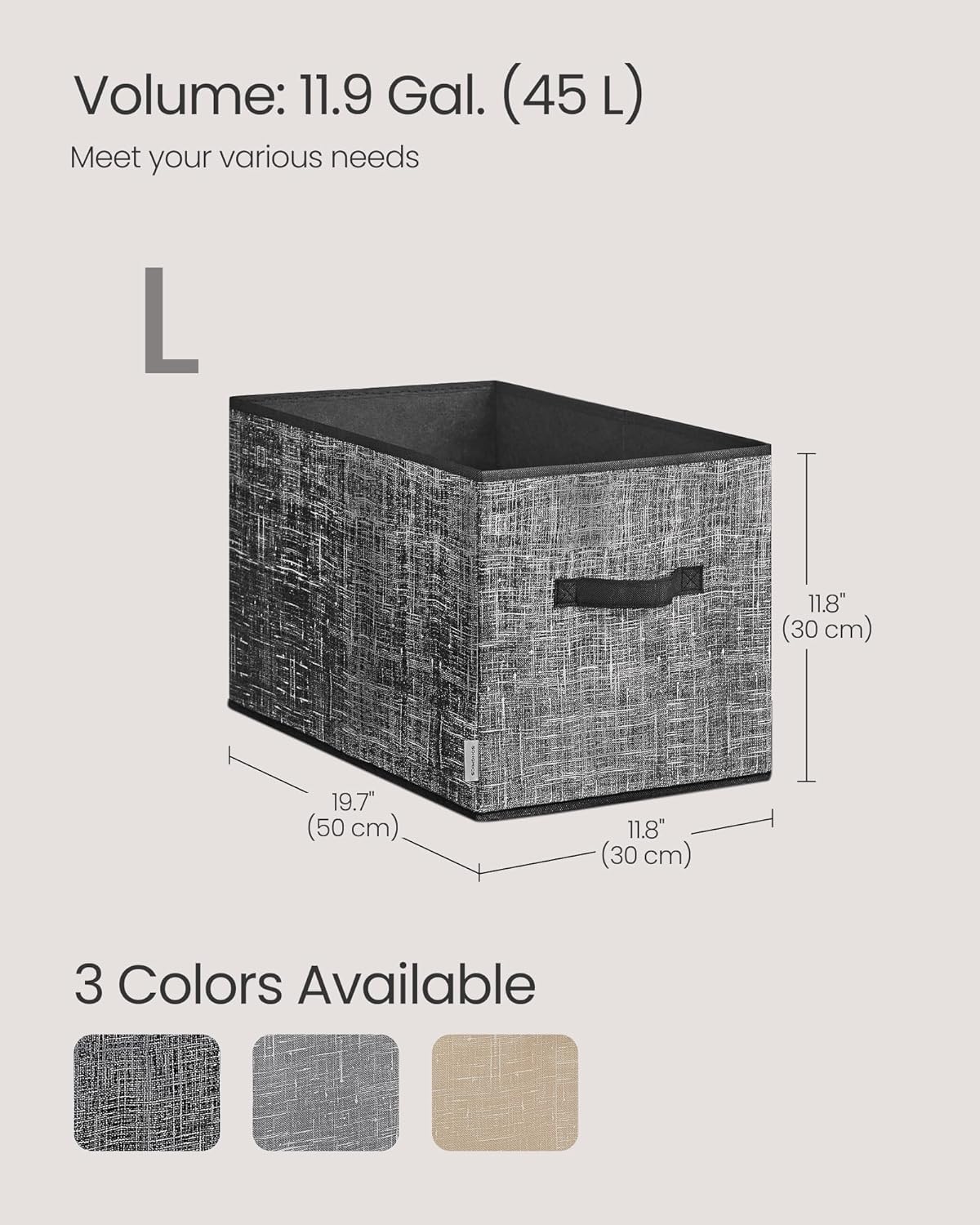 SONGMICS Storage Cubes, 19.7 x 11.8 x 11.8 Inches Non-Woven Fabric Bins with Double Handles, Set of 3, Closet Organizers for Shelves, Foldable, for Clothes, Ink Black UROB450B01