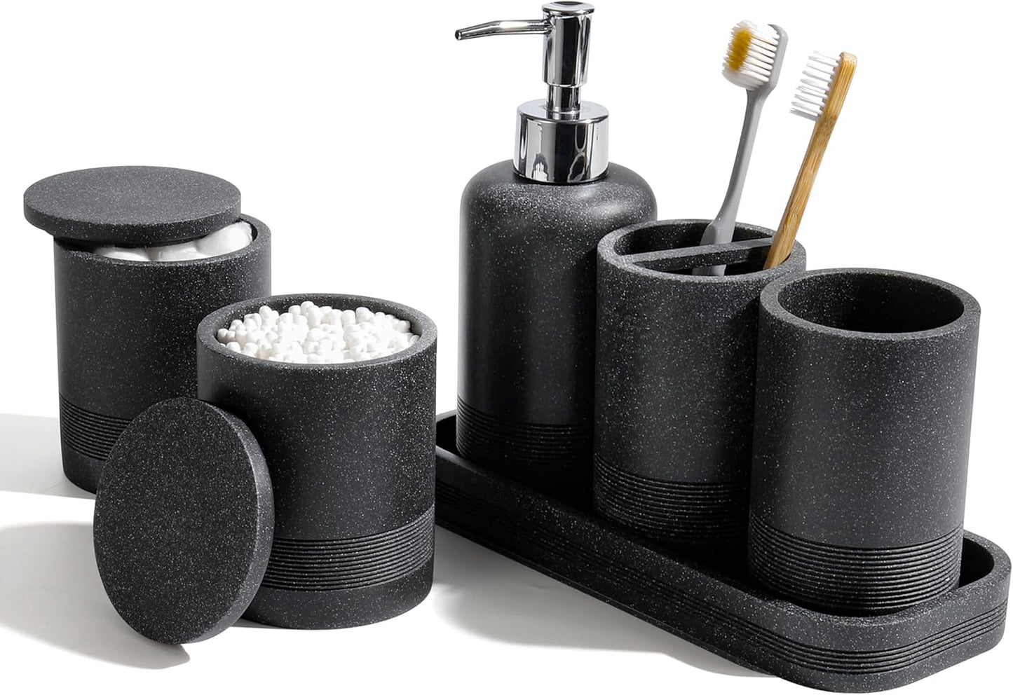 Bathroom Accessories Set, 6-Piece Bathroom Accessory Set, Toothbrush Holders Set, Soap Dispenser, Vanity Tray, Tumbler, Cotton Swab Jars, Bathroom Organizer for Modern Bathrooms(Black)