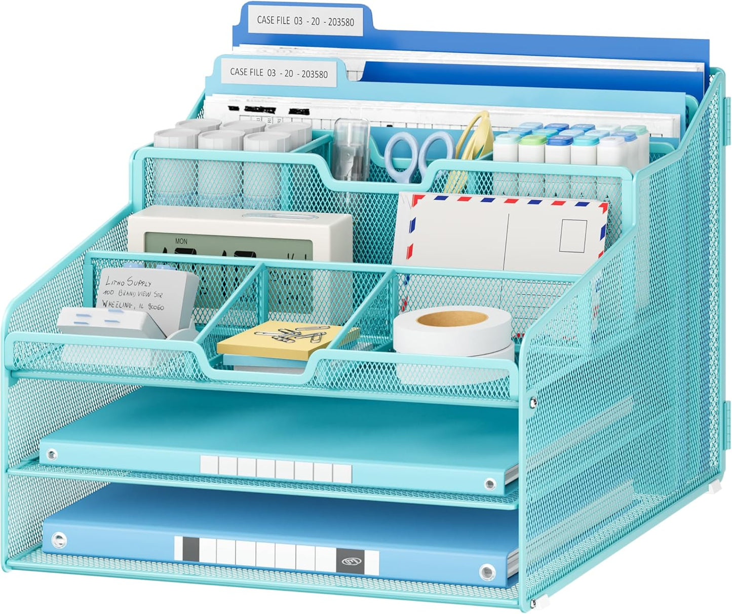 Lavatino Desk Paper File Organizer - Metal Mesh with 2 Letter Trays, 7 Flexible Dividers, 2 Vertical File Folder Holders for Office/Home/Classroom Supplies, Desk Organizers and Accessories, Blue