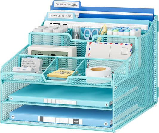 Lavatino Desk Paper File Organizer - Metal Mesh with 2 Letter Trays, 7 Flexible Dividers, 2 Vertical File Folder Holders for Office/Home/Classroom Supplies, Desk Organizers and Accessories, Blue