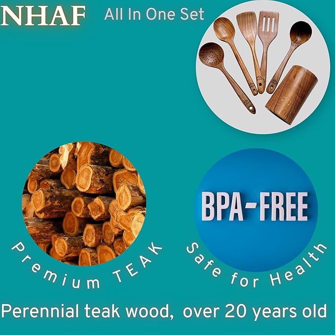 Premium Teak Healthy Spoons, Durable Eco-friendly Spatula, Wooden Utensils Set with Holder & Canvas Bag, Wooden Cooking Gifts for Mom