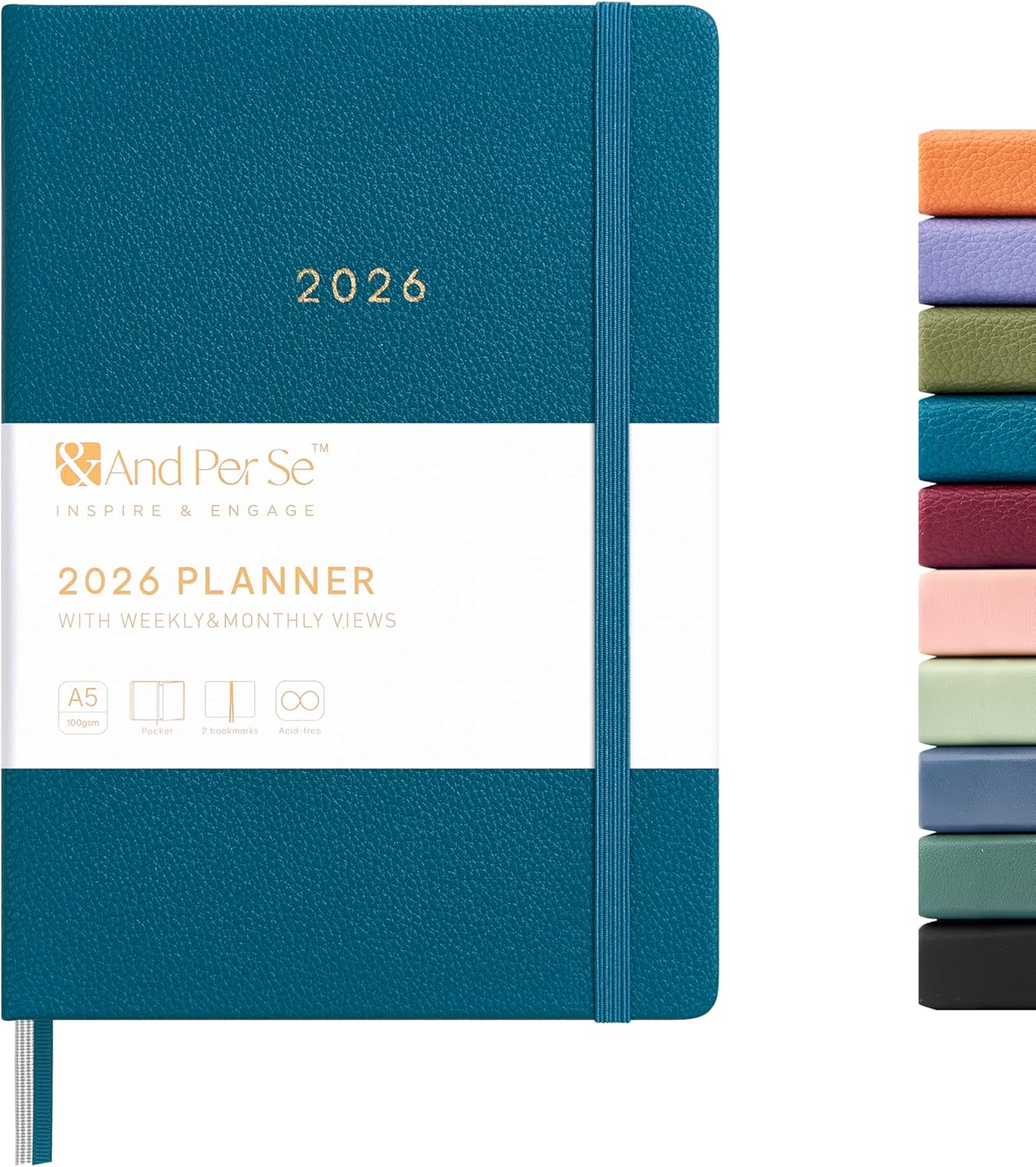 And Per Se 2026 Planner-Daily, Weekly & Monthly Leather Hardcover Planner, 5.7" x 8", Daily Schedule, Monthly Tabs, 100 GSM Thick Paper, Back Pocket(Dark Turquoise)