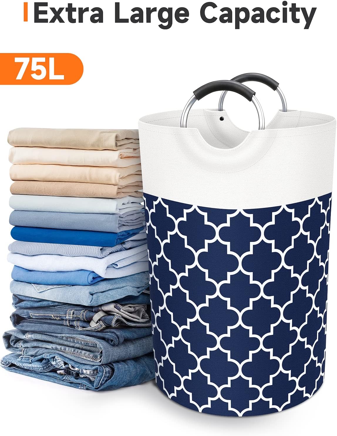 Large Laundry Basket Laundry Hamper Bag Washing Bin Clothes Bag Collapsible Tall With Handles Waterproof Travel Bathroom College Essentials Storage For College Dorm, Family (Blue)75L