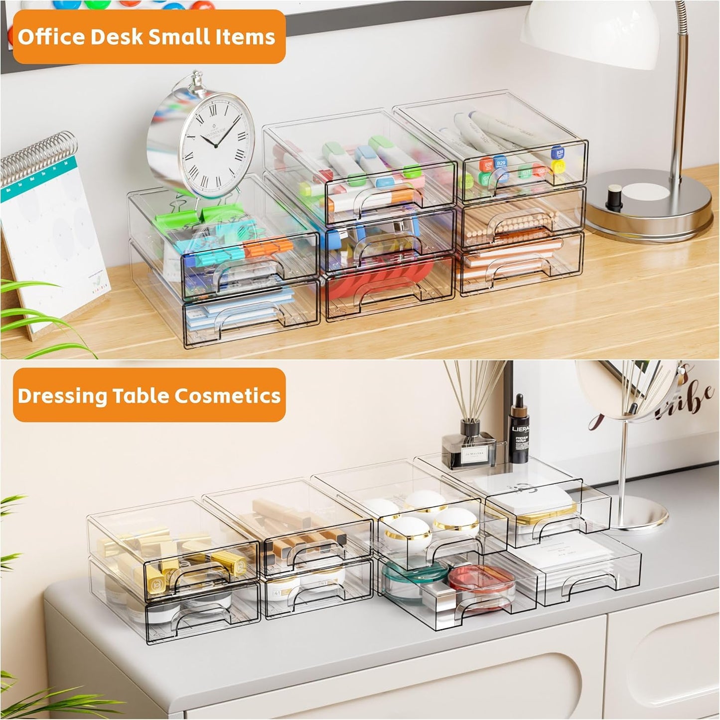 Yieach 2.2'' Tall Acrylic Clear Stackable Storage Drawer Organizer,8 Pack Desk Organization and Storage,Plastic Office Supply Organizer,Drawer Storage Organizer for Makeup,Accessory,Pen,Art Crafts