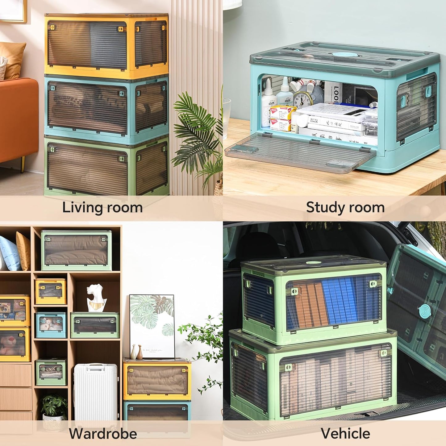 3 PACK Stackable Storage Bins, 50 Liters Closet Organizers with 3 Lids, Wheels, Drawers, Foldable Collapsible Box for Clothes and Camping Out Doors Bins, Green