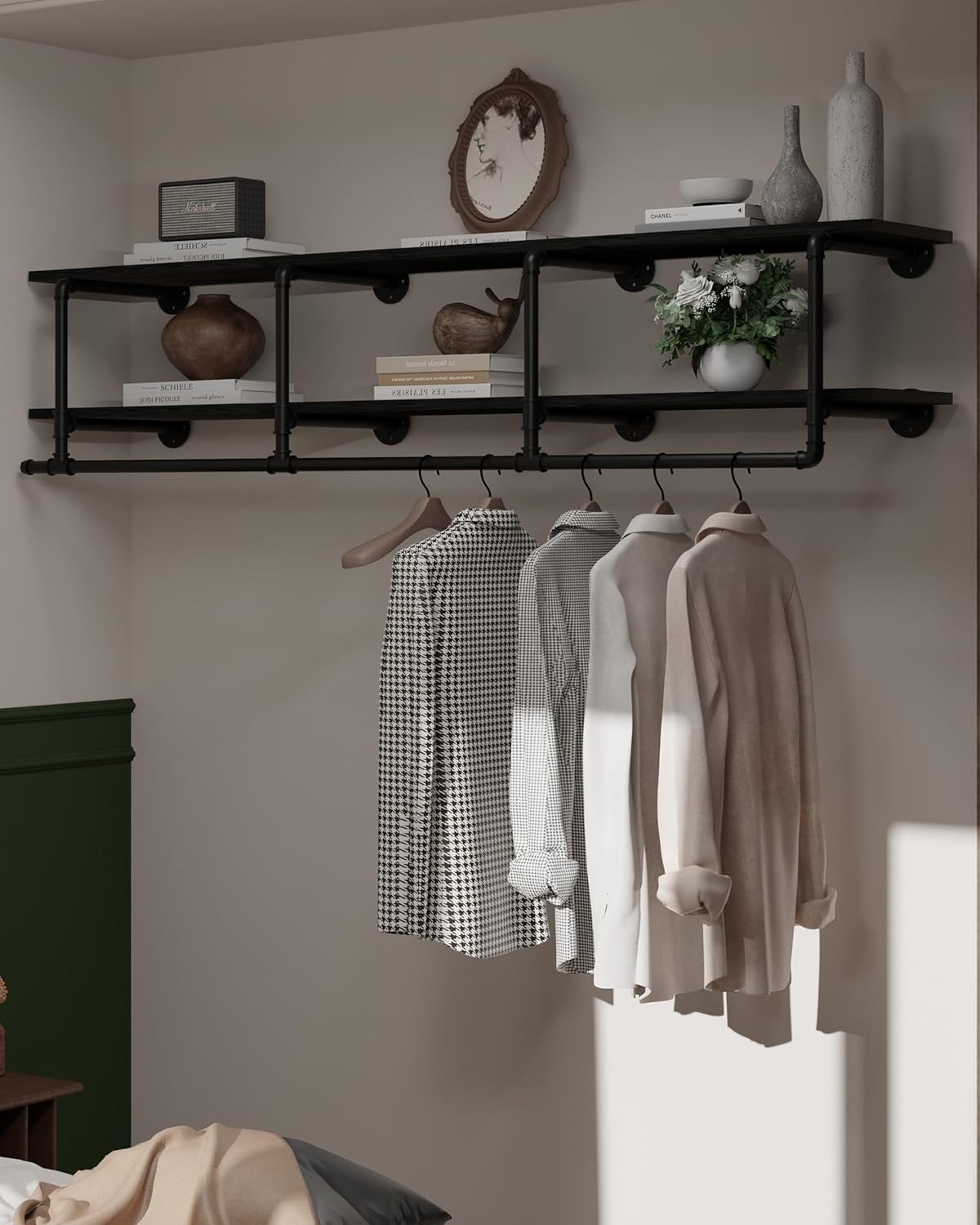 Wall Mounted Clothes Rack 12 Inch Deep, 72 Inch Heavy Duty Garment Rack with Real Black Wood Shelf, Multi-Purpose Hanging Rod & Space-Saving Closet Storage Organizer