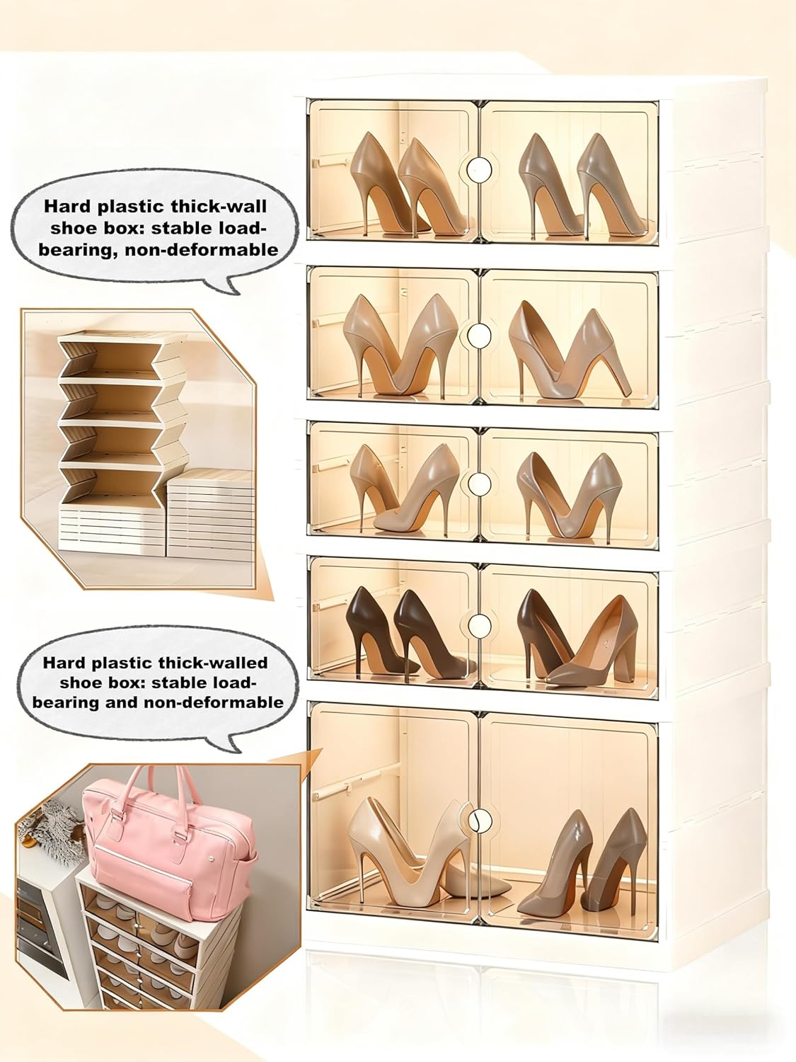 Elayce Foldable Shoe Rack Organizer, 9-Tier (8+1 Tall) Double-Row Shoe Cabinet, Installation-Free Stackable Shoe Storage Boxes with Clear Magnetic Doors for Entryway & Closet (White)