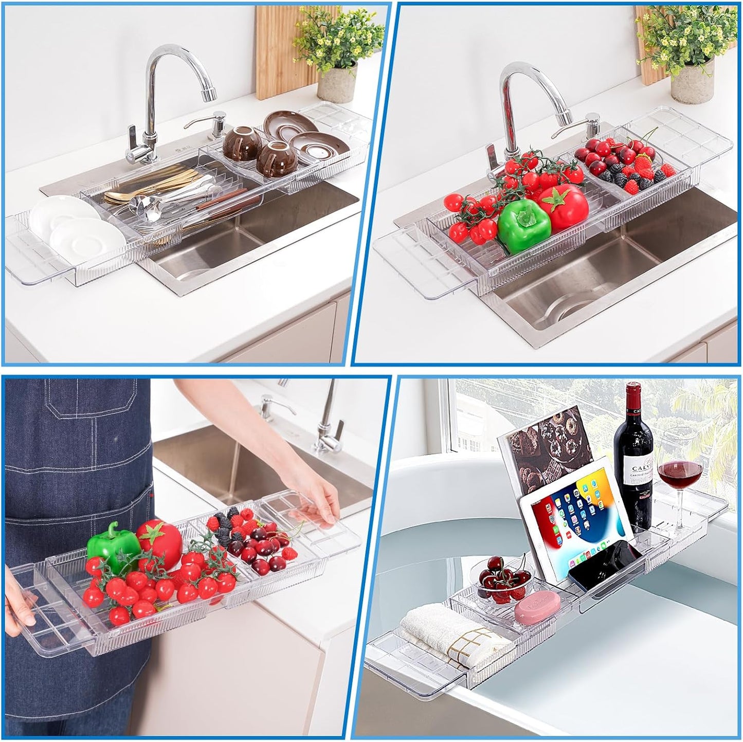 HOMEE Acrylic Bathtub Tray, Expandable Bath Caddy Tray for Bathtub, Bath Tub Tray Table, Adjustable Bath Shelf Tub Board Organizer Trays for Bathroom