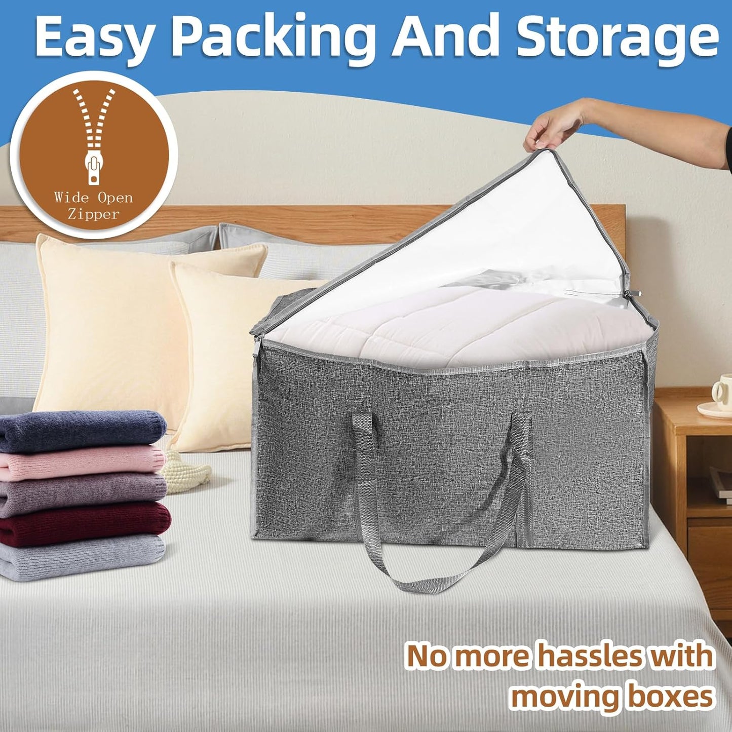 8 Pack-Extra Large Heavy Duty Moving Bags - Waterproof Storage Totes with Handles & Zippers, Foldable for College Dorm, Storage (Gray)