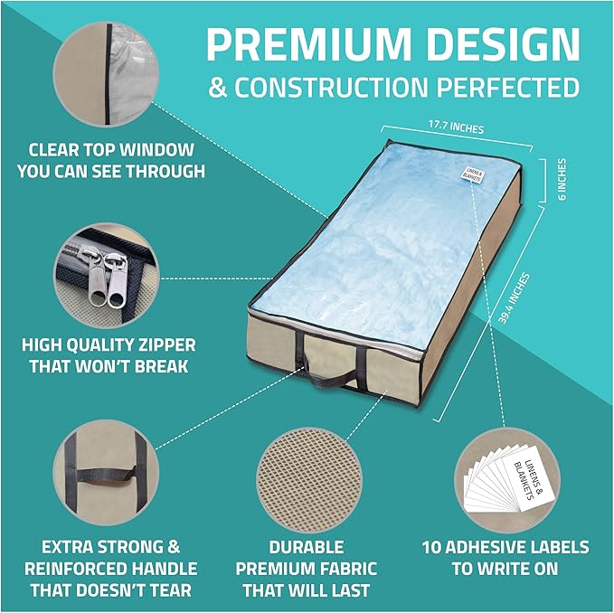 Underbed Storage Bag 2 Large Under-the-Bed Storage Containers and Organizer Bin Reinforced Handles Metal Zipper Foldable Under-Bed Storage Bags and Containers by Nest Neatly, Beige