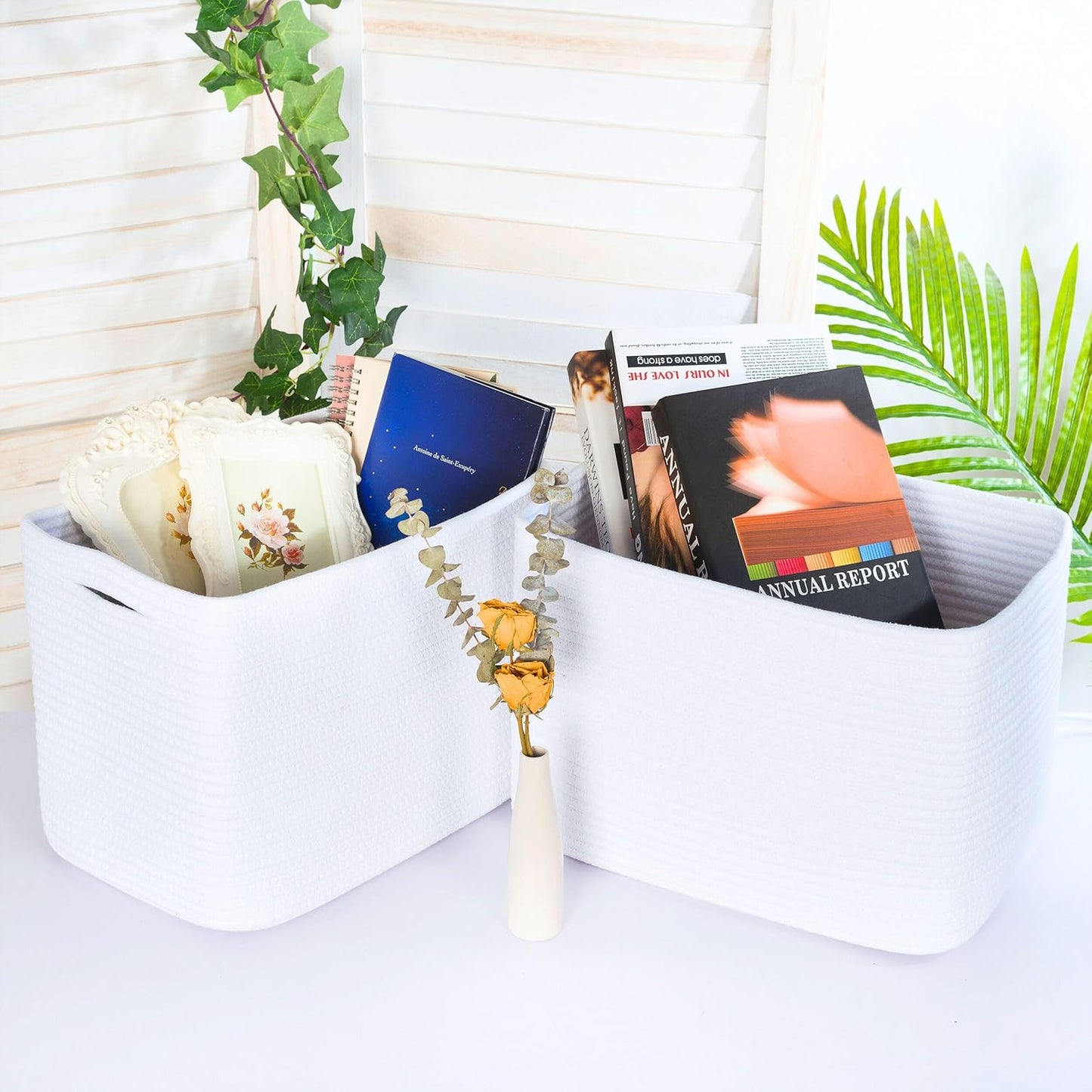 MINTWOOD Design 3-Pack Decorative Woven Storage Baskets for Shelves, Cube Bin Box for Organizing Books, Shoes, Dog Toys, Pantry Closet and Living Room Organizer, Full White