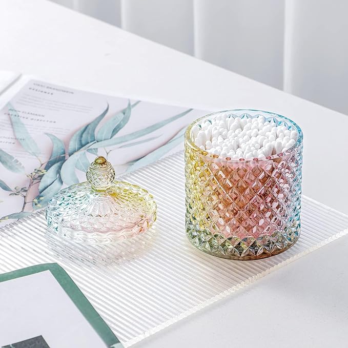 Qtip Holder Glass Apothecary Jars with Lid Bathroom Accessories Vanity Organizers and Makeup Storage for Cotton Swabs, Makeup Sponges, Bath Salts, Canister Dispenser, 2 Pack Rainbow