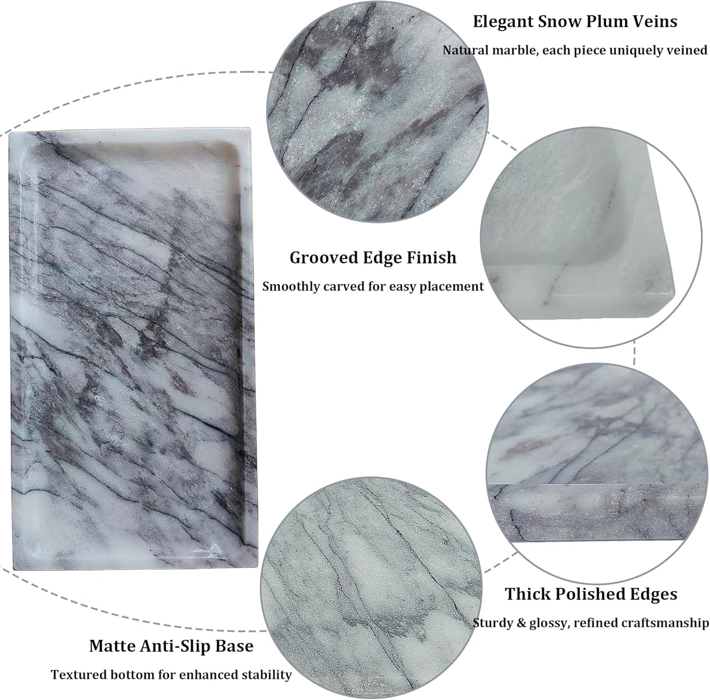 White Marble Vanity Tray – 10.63"x5.91" Rectangular Natural Stone Organizer for Bathroom Perfume Makeup Jewelry Dresser Entryway