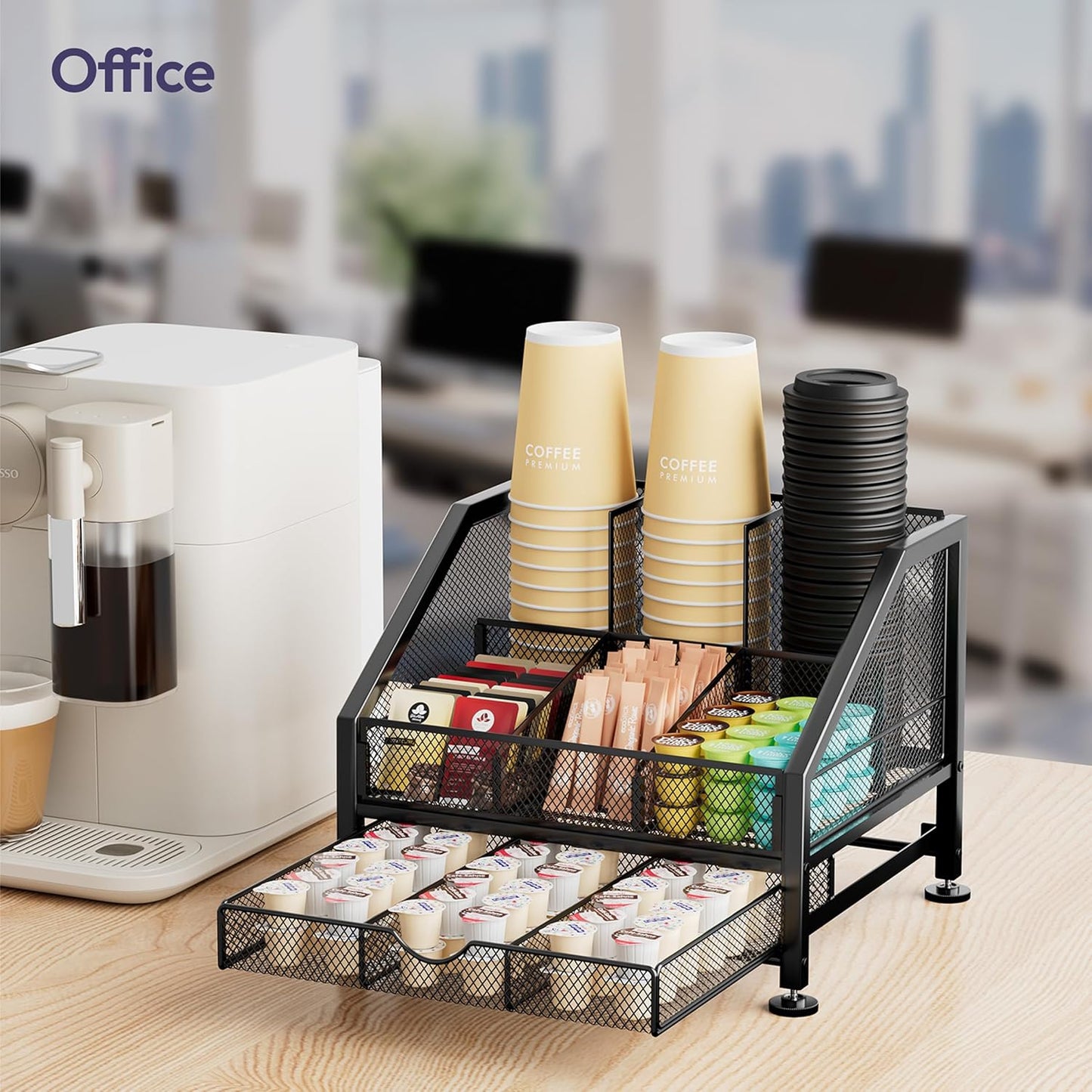 SWTYMIKI Coffee Bar Organizer for Countertop – Space-Saving Storage Rack with Drawer & Tiered Shelves, Coffee Station Organizer for Breakroom, Kitchen, Office, Cafe, Mesh Tea Condiment Storage