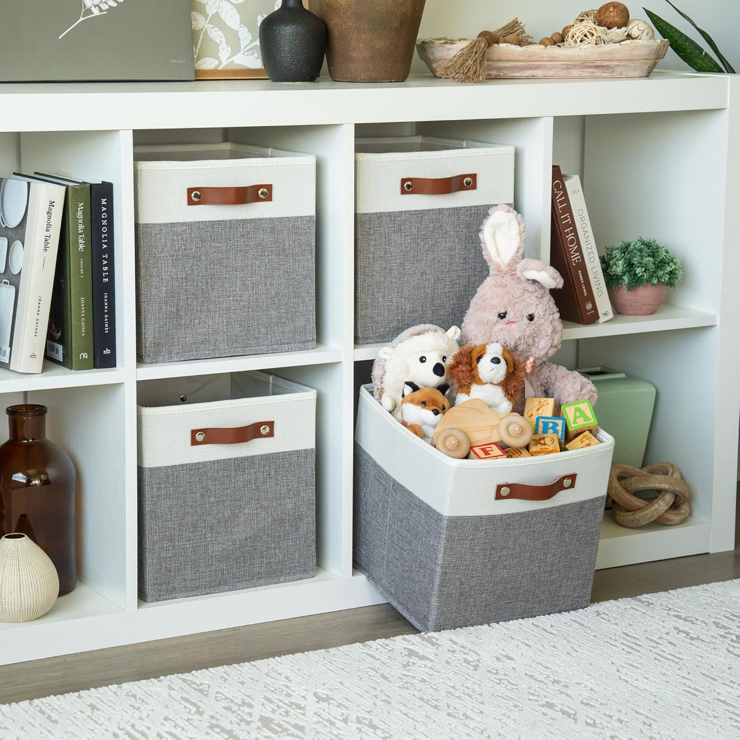 OrganiHaus 11" x 11" x 11" Fabric Cube Storage Bins Set of 4, Foldable Collapsible Canvas Storage Bins for Organizer, 11 inch Cubbies Organizer for Kallax, Linen Cube Shelf Baskets - Grey/White