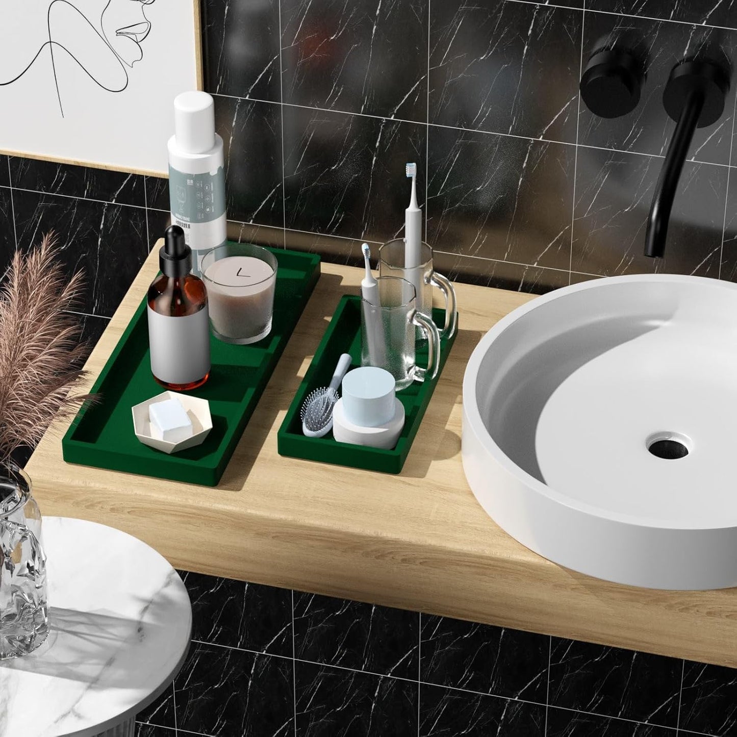 BBK Bathroom Vanity Tray- 2 Pack (7.8" and 11.8") Silicone Bathroom Tray for Counter, Perfume Key Trinket Ring Tray, Decor Soap Dispenser Countertop Tray for Kitchen Sink Organization.(Green)