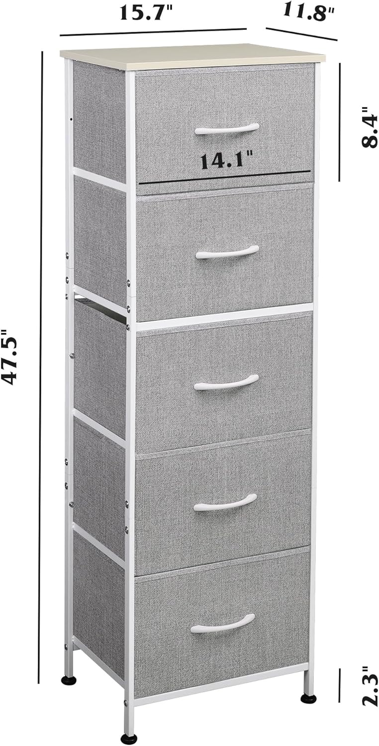 WLIVE Fabric Dresser, 5-Drawer Tall Dresser for Bedroom, Storage Dresser Organizer with Fabric Bins, Wood Top, Sturdy Steel Frame, Chest of Drawers for Closet, Hallway, Light Grey