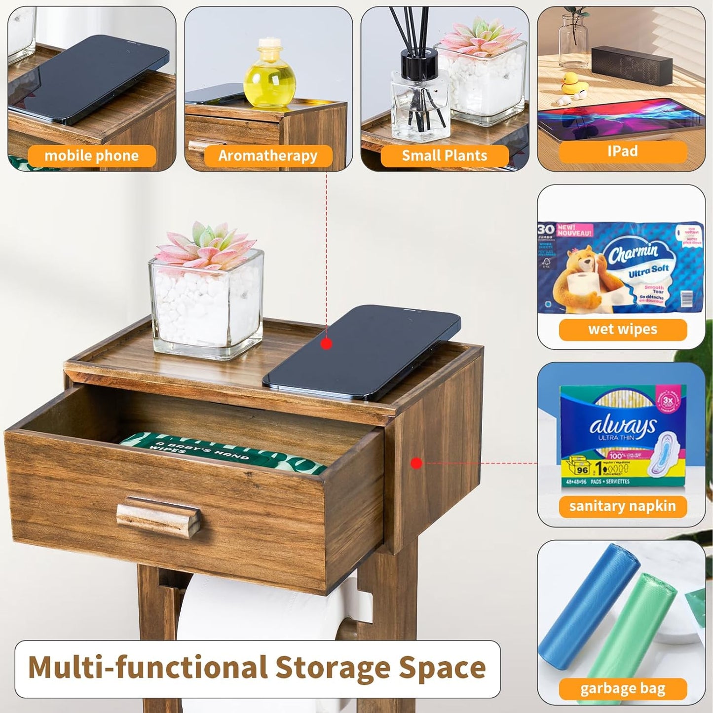 Freestanding Bathroom Toilet Paper Holder Stand with Shelf, Farmhouse Wooden Toilet Paper Roll Holder with Wet Wipes Storage Drawer(Brown)