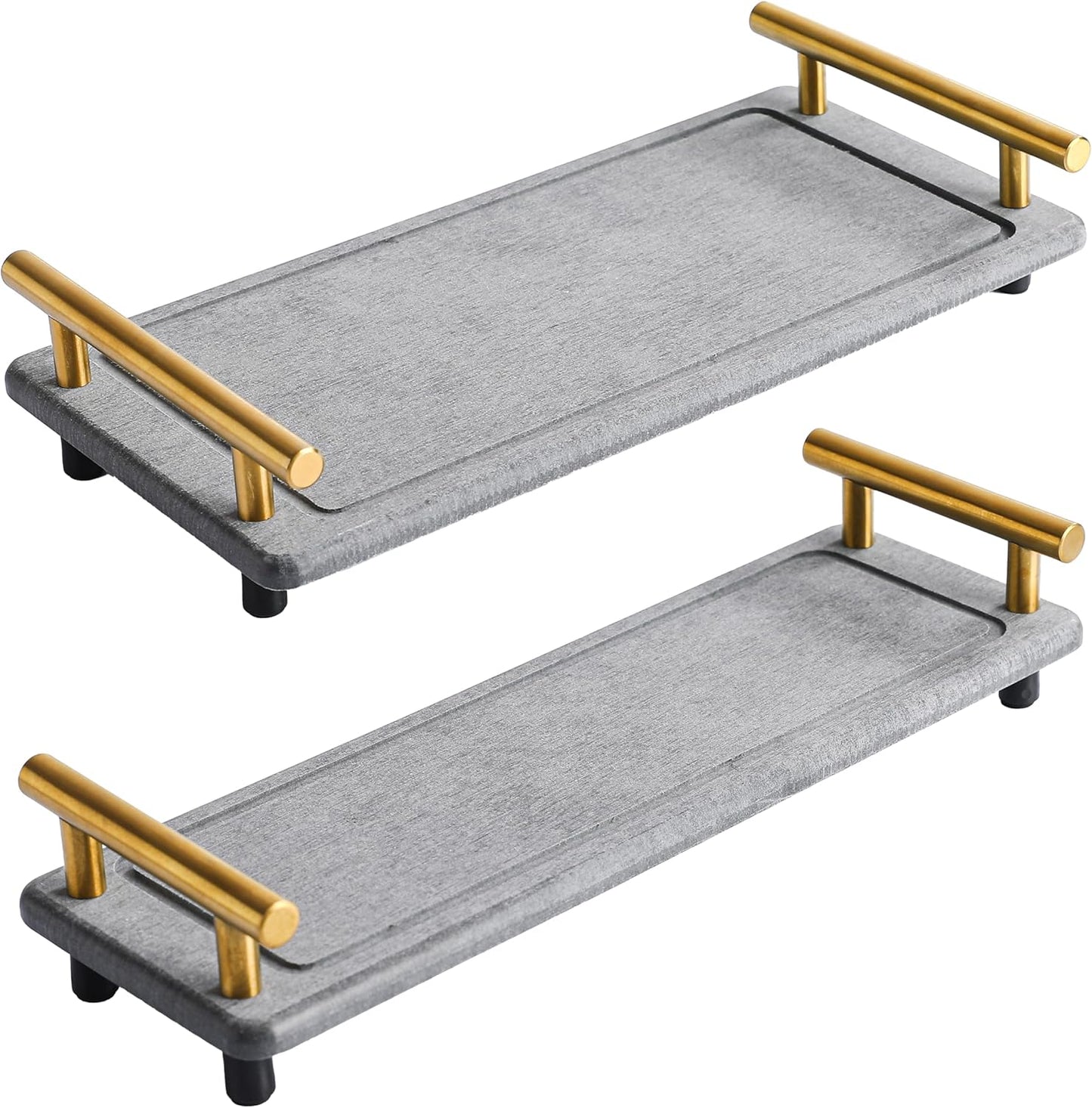 2Pcs Instant Dry Sink Caddy, Water Absorbent Diatomite Tray for Sink, Stone Drying Tray with Metal Handle, Keeping Kitchen and Bathroom Tidy and Clean (Dark Grey & Gold Handle, Large & Small)