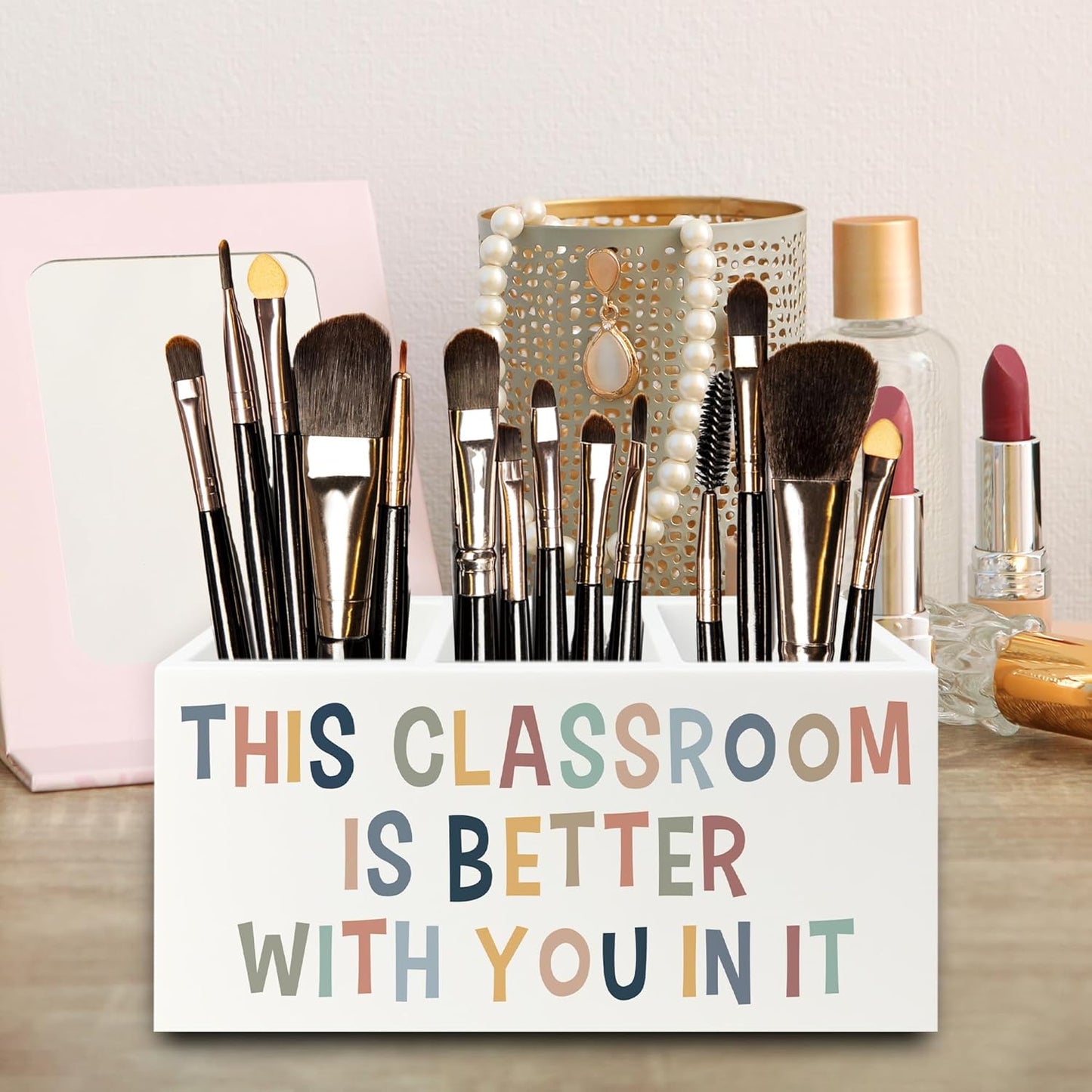 Boho Classroom Pen Pencil Holder Organizer for Desk, This Classroom Is Better With You in It Wooden Box Signs Decorations for Home Office Desk Tabletop, Back to School Supplies