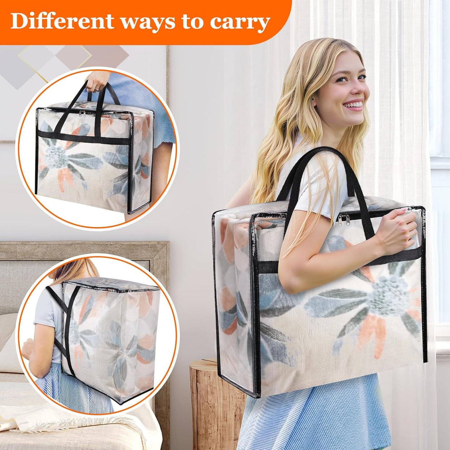 6 Pack Clear Storage Bags for Comforter, Clothes & Bedding, Plastic Blanket Storage with Zipper and Handle, Moving Bags, Closet Organizer and Under-Bed Storage (40L)