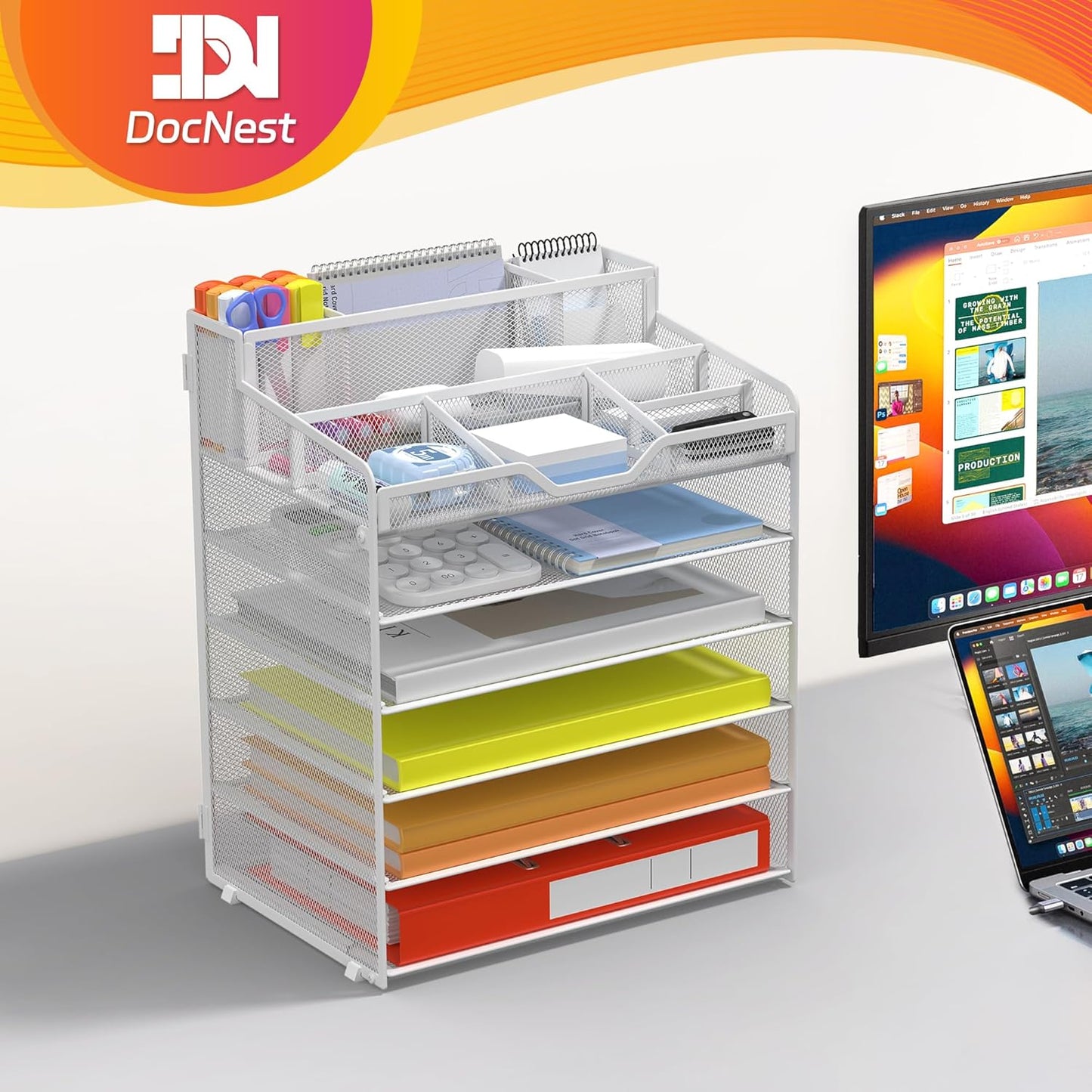 Docnest 6 Tier Mesh Desk Organizer for Paper Office Supplies – Multi-Functional Letter Tray with 5 Adjustable Compartments, 3 Pen Holders, Desktop Storage for Files, Mail, Stationery – White