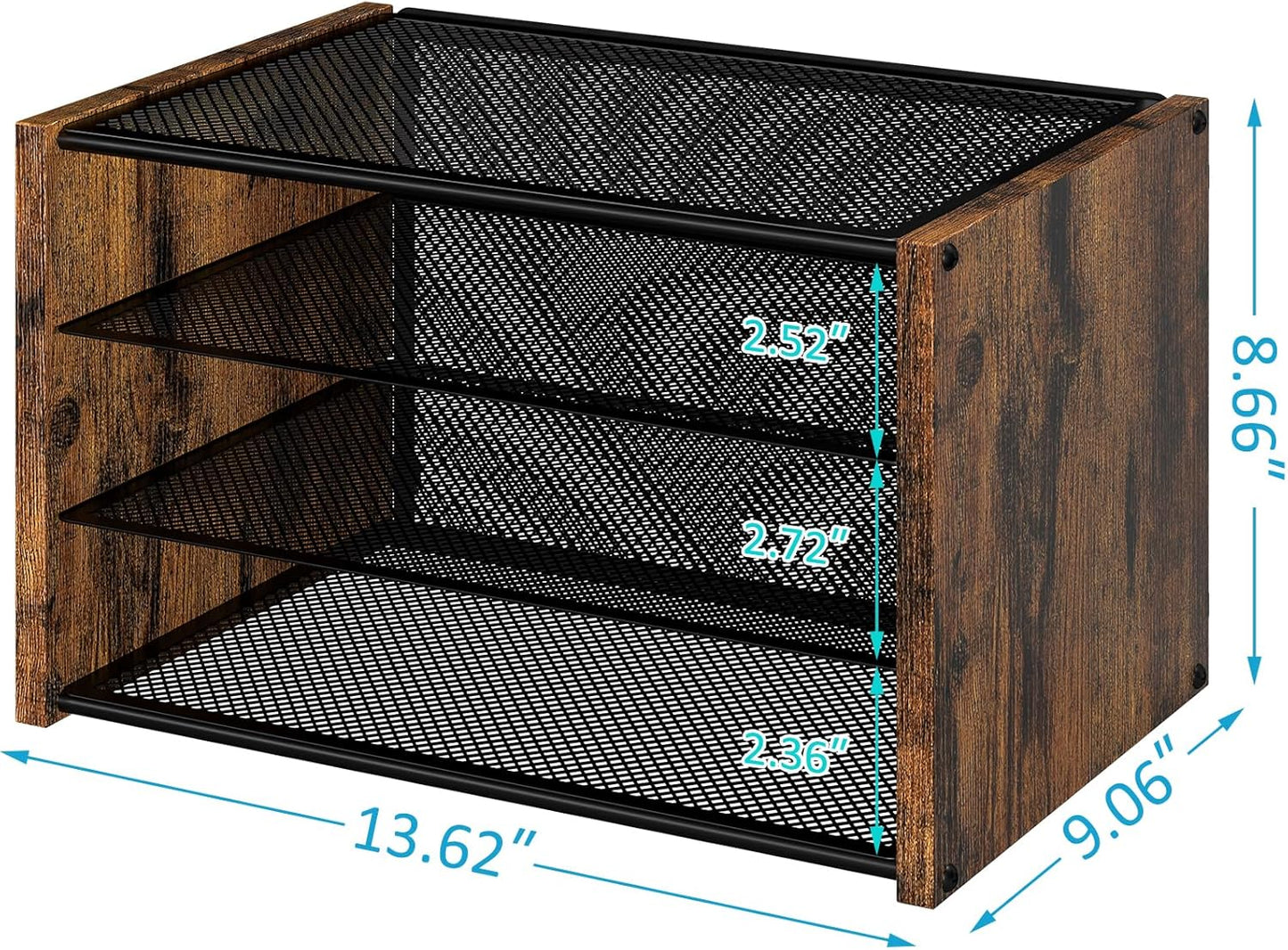 3-Tier Paper Letter Tray, Wooden Desk File Organizer, Stackable Metal Mesh Desk Organizer for Office Supplies. Small Paper Trays for Home Office School, Rustic Brown