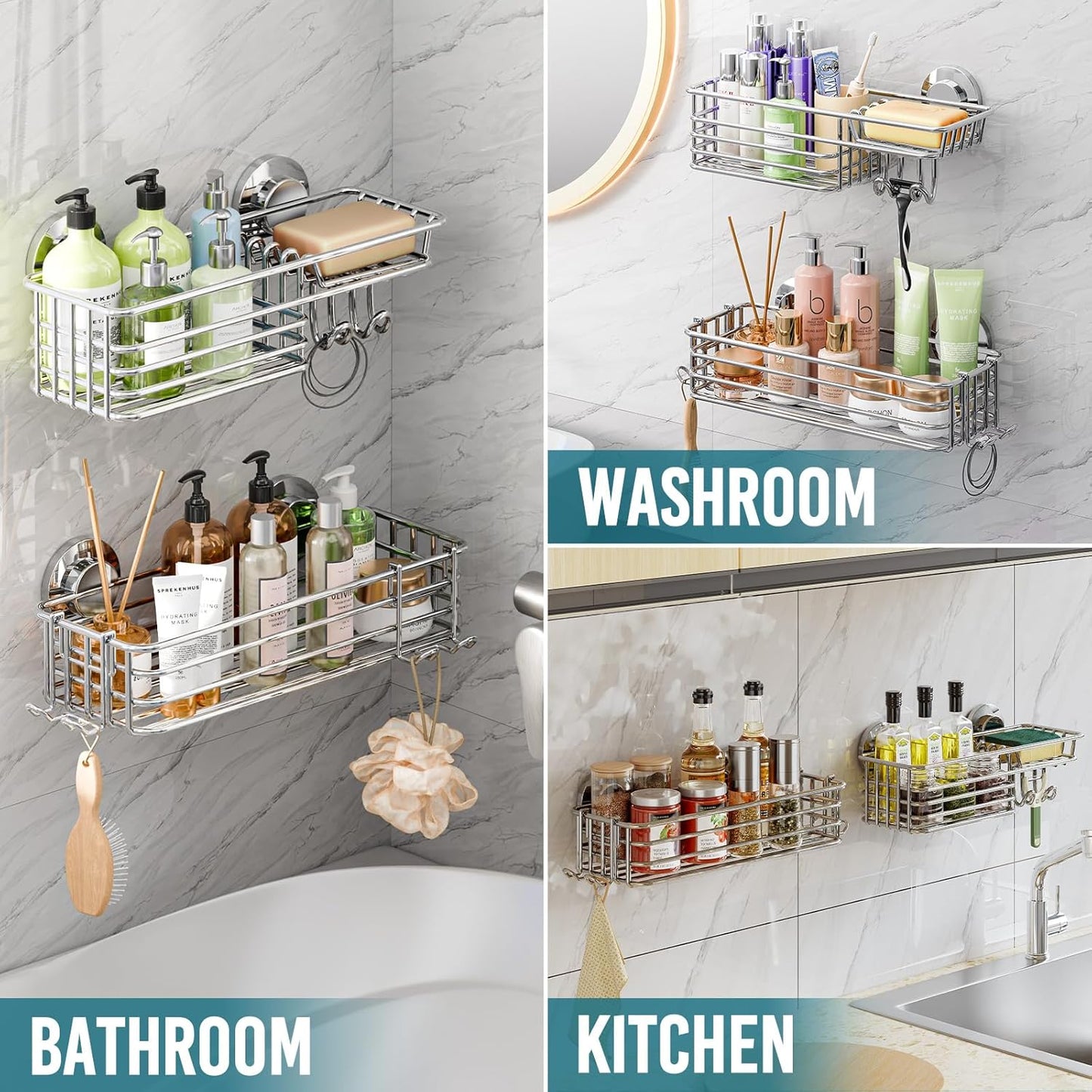 TAILI Shower Caddy Suction Cup 2 Pack with Hooks and Soap Holder, Heavy Duty Shower Organizer for Bathroom, No Drilling Silver bathroom suction shelves