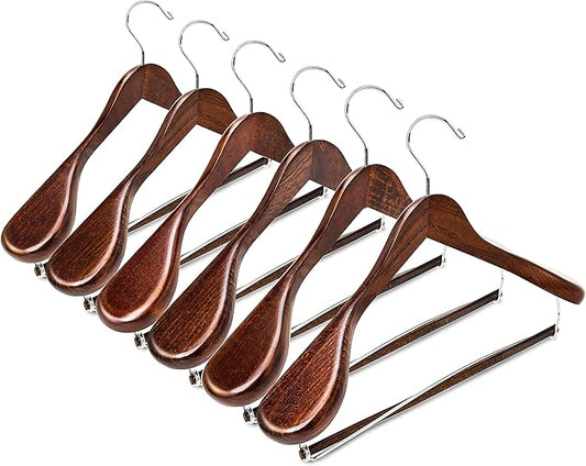 Suit Hangers for Men 6 Pack Wide Shoulder Hanger Smooth Finish Wooden Suit Hanger for Men and Women Coat Hangers 360° Swivel for Dress Jacket Non Slip Pant bar with Locking bar