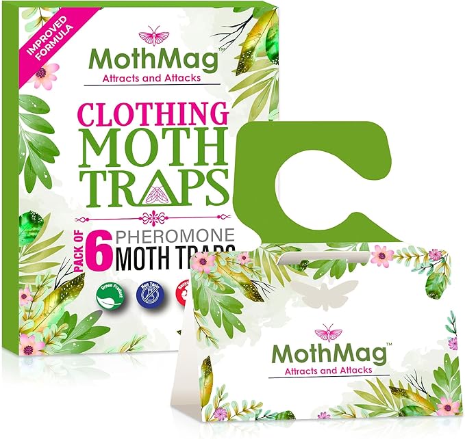 MothMag Moth Traps for Clothes, Closets, Fabrics, and Carpets, Clothing Moth Traps, Clothes Moth Traps, Closet Moth Traps, Moth Pheromone Traps, Extra-Strength Adhesive Glue Clothes Moth Trap, 6 Pack