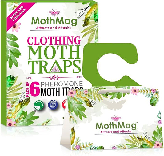 MothMag Moth Traps for Clothes, Closets, Fabrics, and Carpets, Clothing Moth Traps, Clothes Moth Traps, Closet Moth Traps, Moth Pheromone Traps, Extra-Strength Adhesive Glue Clothes Moth Trap, 6 Pack