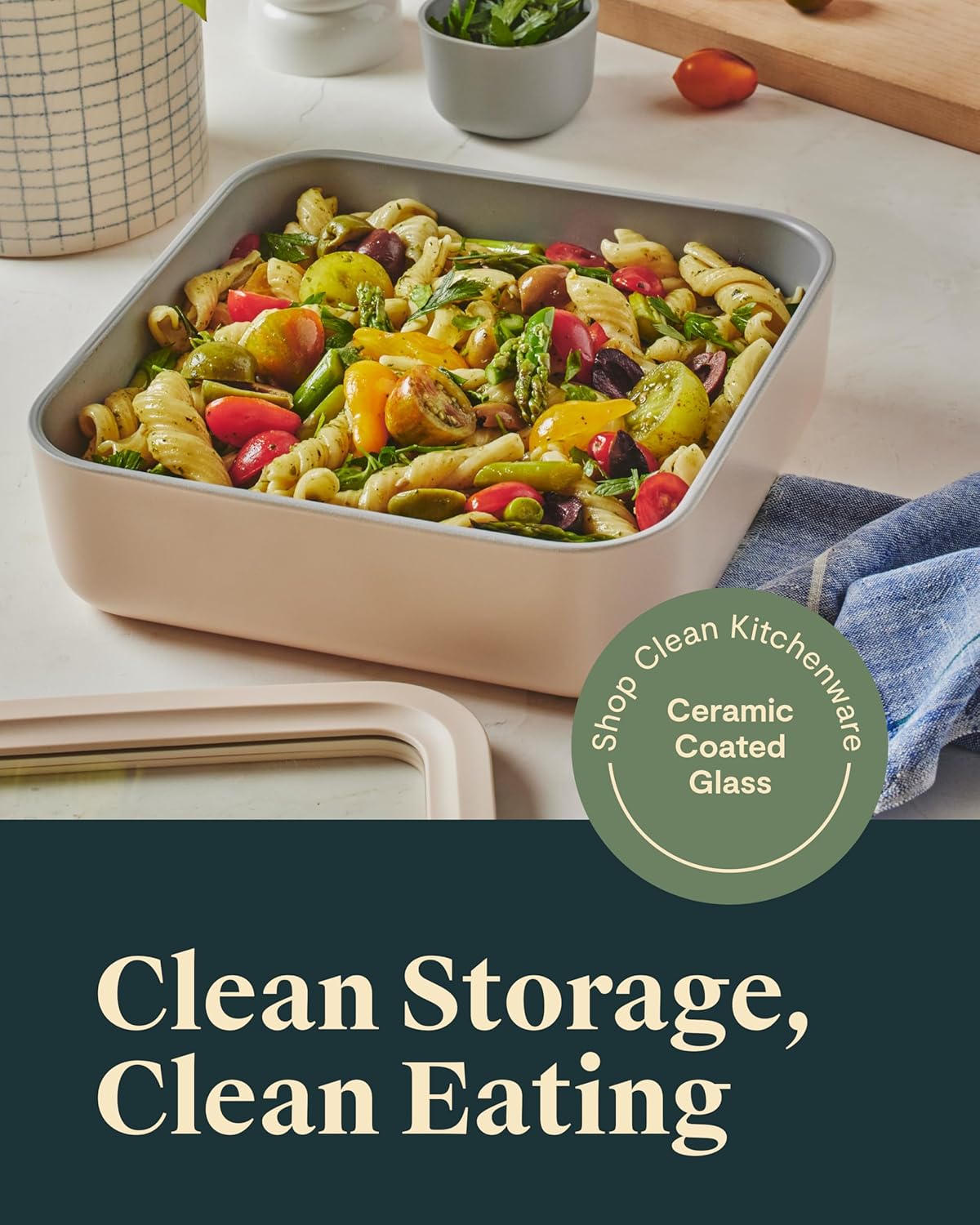 Caraway Glass Food Storage - 10 Cup Glass Container - Ceramic Coated Food Container - Non Stick Lunch Box with Lids - Dishwasher, Oven, & Microwave Safe - Square Shape - Perracotta