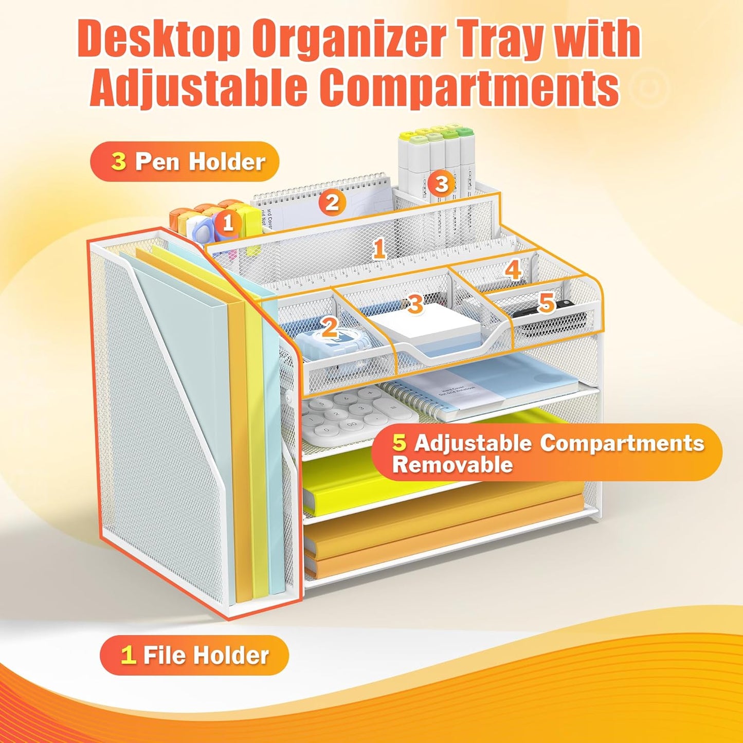 Docnest 4 Tier Mesh Desk Organizer with File Holder – Multi-Functional Paper Letter Tray with 5 Adjustable Compartments, 3 Pen Holders, Desktop Storage for Files, Mail, Stationery – White