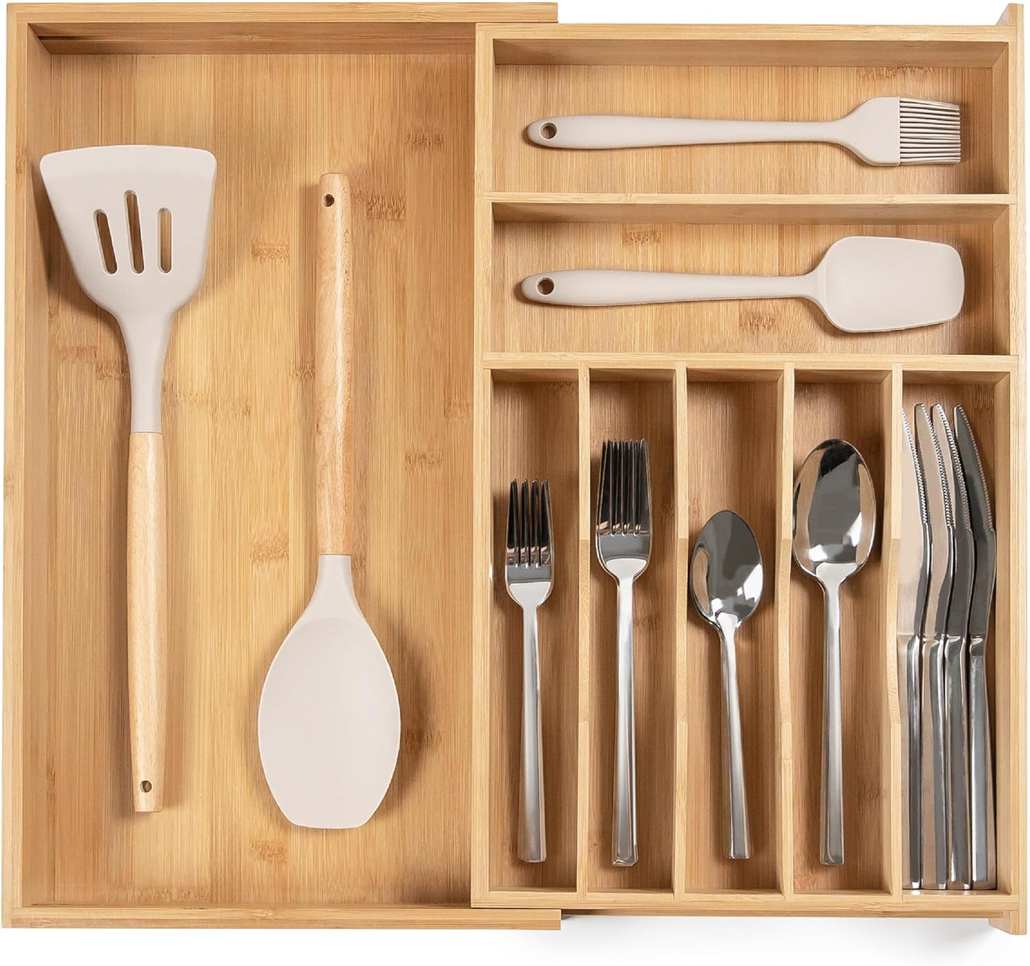 KitchenEdge Premium Silverware, Flatware and Utensil Organizer for Kitchen Drawers, Food-Safe Contract Grade, Expandable from 10.5 to 19 In, Natural Bamboo