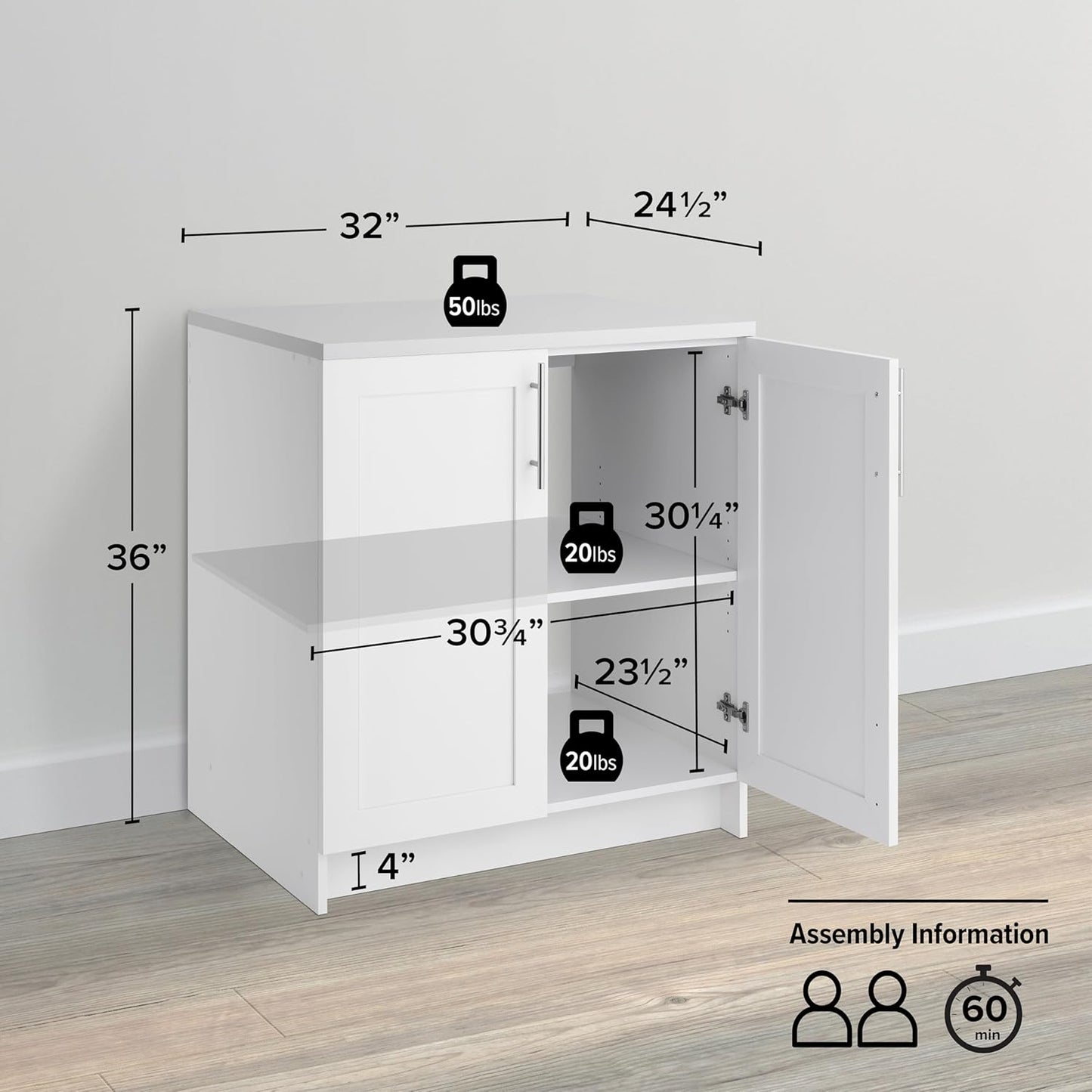 Prepac Elite 32" W Storage Cabinet with Doors and Shelves, White Garage Cabinet, Bathroom Storage with 1 Adjustable Shelf 24.5" D x 32" W x 36" H, WSCR-1005-1